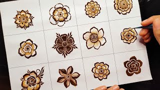 How to 12 Different Mehndi Flowers  12 different henna flowers for beginners  Learn with Thouseen [upl. by Randa]