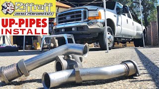 2001 F350 73  RiffRaff UpPipes Install  Stock up pipes leaking and falling apart JUNK SP [upl. by Noerb234]